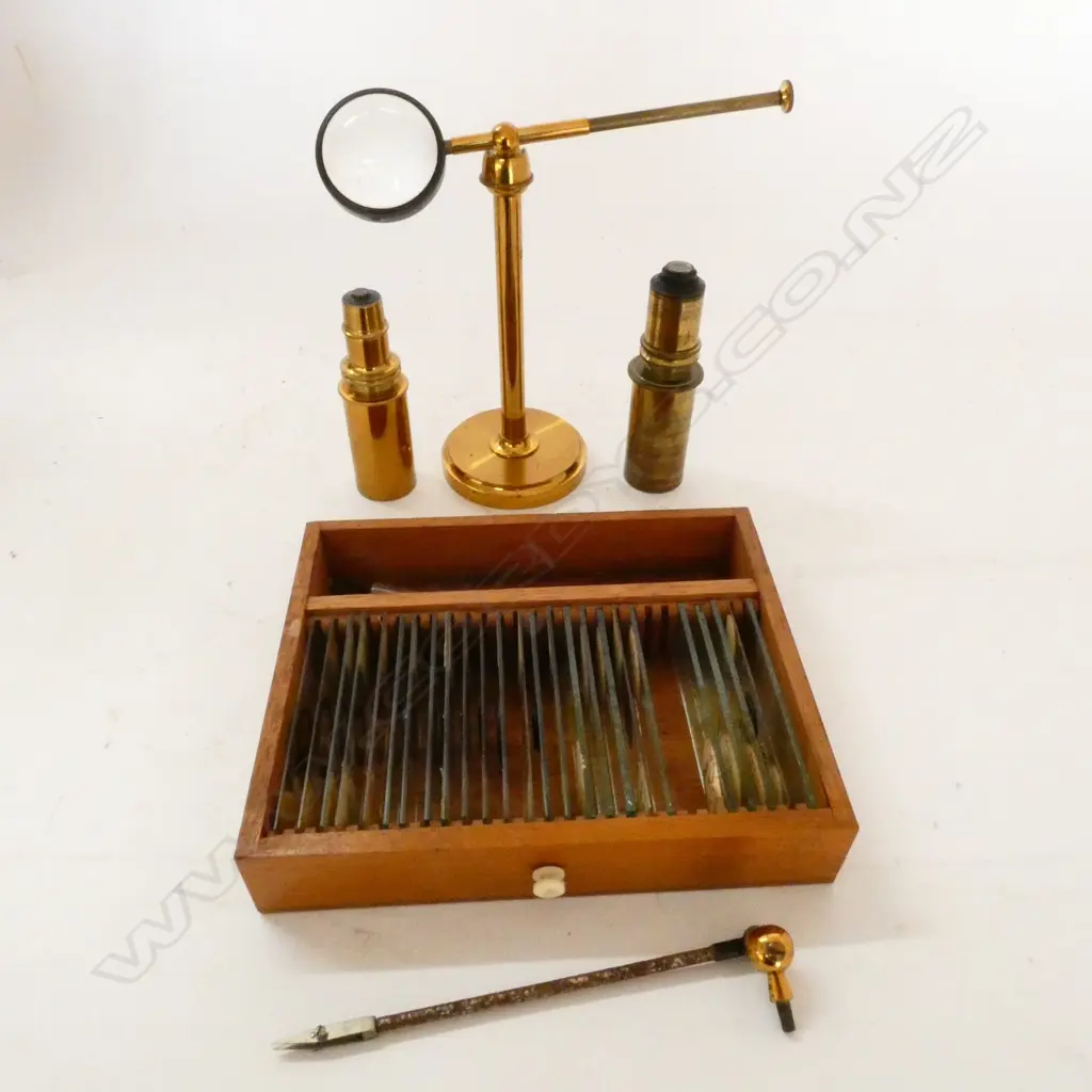 COMPACT MAHOG CASED LACQUERED BRASS COMPOUND MONOCULAR MICROSCOPE, w BULLSEYE ON STAND, ONE REPLACEMENT OBJECTIVE Image 1++
